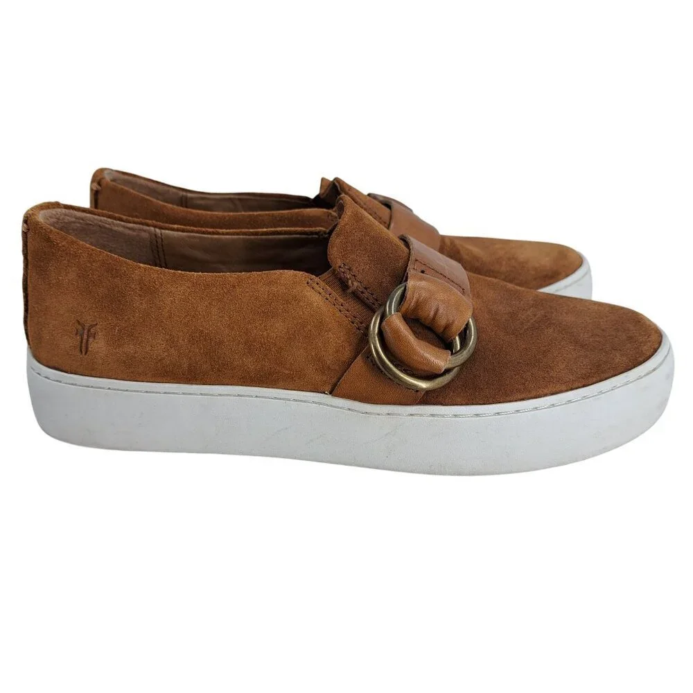 Frye Lena Harness Slip On Suede Loafers Low Top Sneakers Size 6.5 Brown Leather